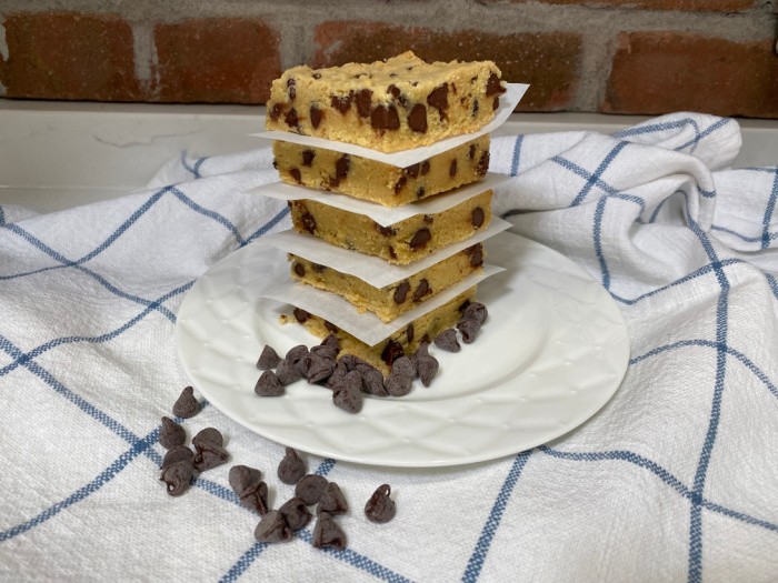 Chocolate Chip Cookie Bars on a white serving plate