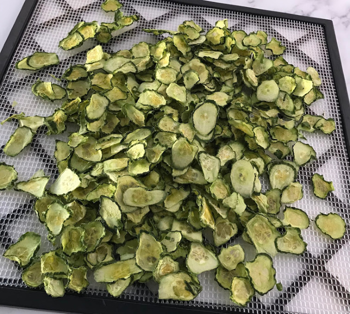 Dehydrated cucumbers on a rack