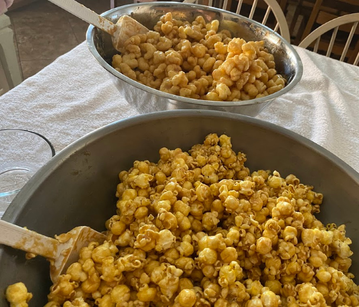 Caramel Corn in large silver bowls