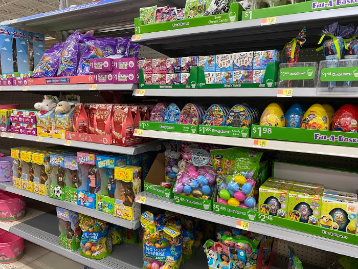 Candy stocked on grocery shelves