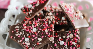 Chocolate bark chunks on a white plate