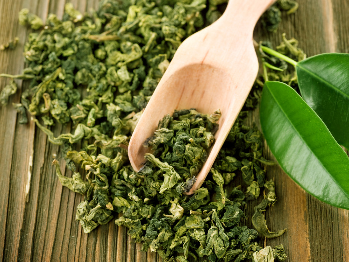 Dried Green Tea leaves on a table