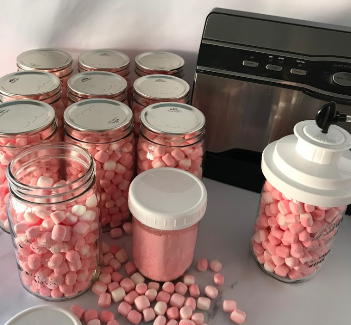 Dehydrated Marshmallows In Mason Jars Sealing with FoodSaver