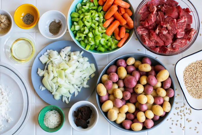 Start by gathering all of the ingredients for the soup