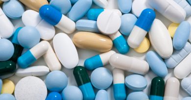 Antibiotic pills spread out on counter