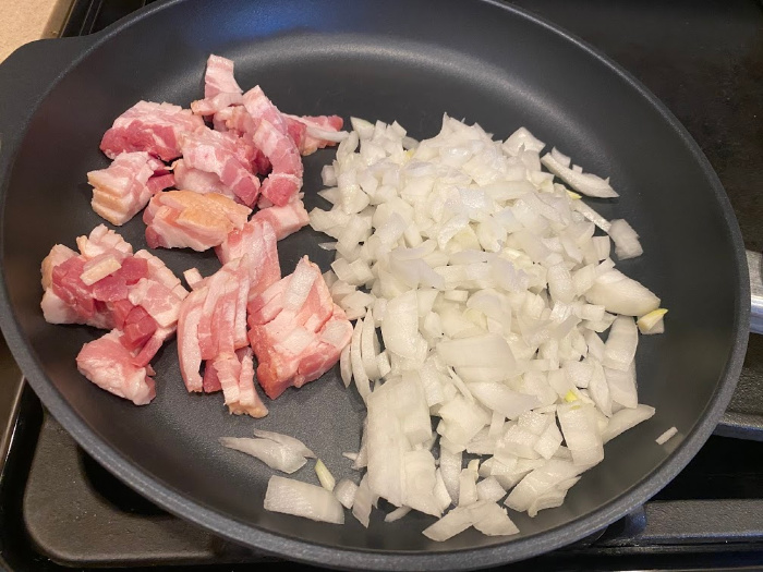 Bacon and Onions in Frying Pan