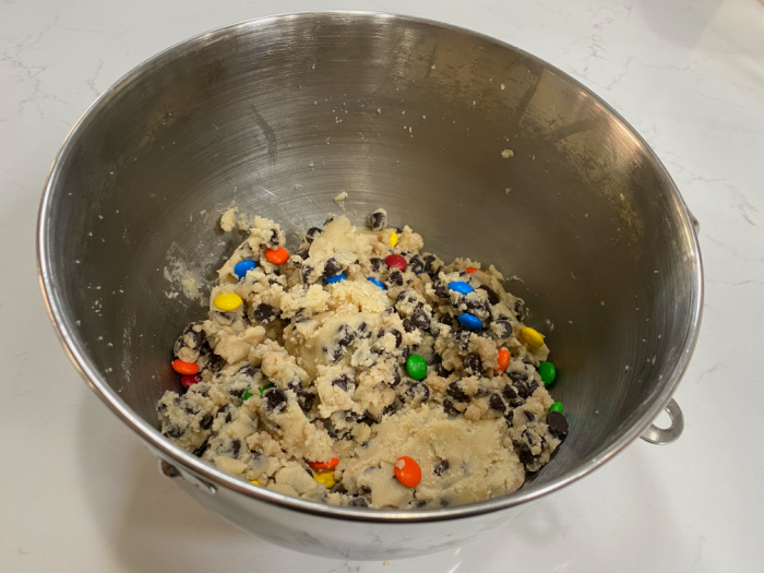 Add the flour, M & M's, and Chocolate Chips