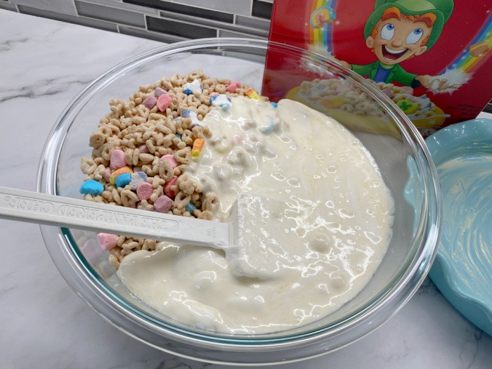 Pour the marshmallows over the cereal