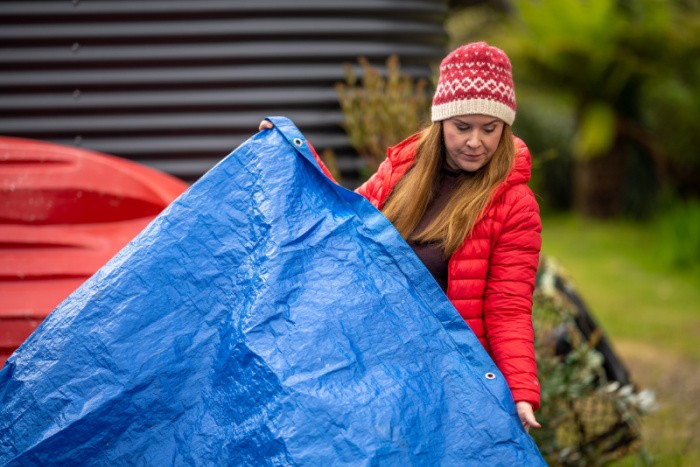 Lady with Blue Tarp