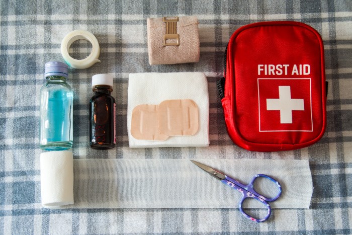 First Aid Kit Bag on Plaid Background