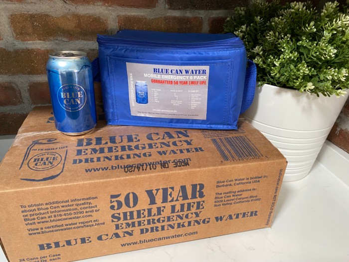 Blue Can in Box and Bag