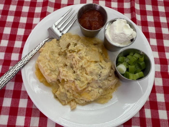 Chicken enchiladas ready to eat.