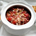 Soup crock filled with slow cooker Mexican chicken soup.