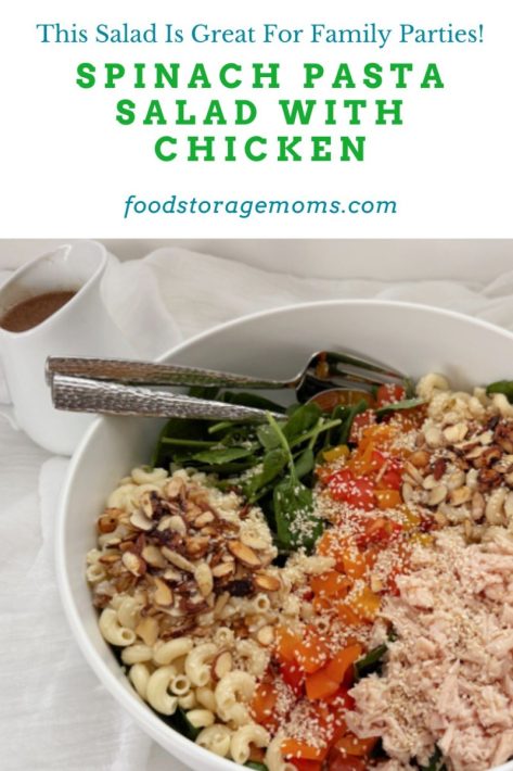 Spinach Pasta Salad with Chicken with Salad Dressing on the Side.