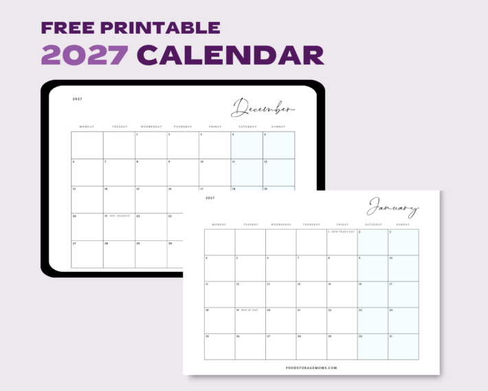 Free Printable 2027 Calendar shown as a printed sheet and on a tablet