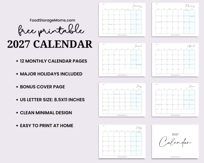 Free 2027 Calendar Printable with major holidays, cover page and 12 monthly calendar pages