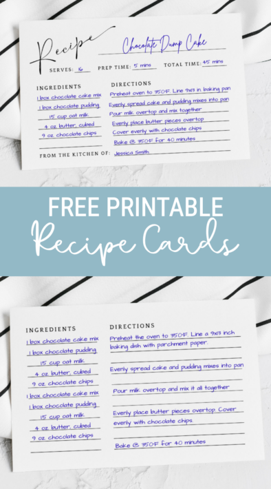 A Pinterest-style graphic showcasing both the front and back of a filled-in printable recipe card template with a blue header.