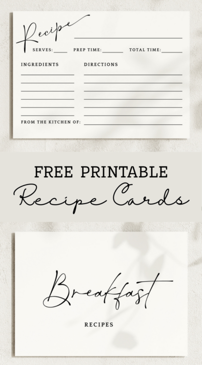 A Pinterest-style graphic showcasing a printable recipe card template with a menu divider 