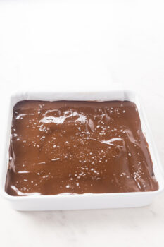 Spread melted peanut chocolate topping, sprinkled with flakey salt, just before freezing the no bake peanut butter bars.