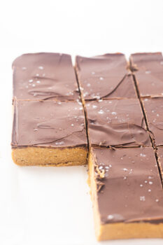 Sliced no bake peanut butter bars showing thick oat base and chocolate topping.