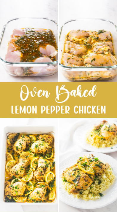 This easy oven baked lemon pepper chicken thighs recipe comes out juicy every time with a fresh, tangy flavor. This baked chicken recipe will quickly become one of your favorite 30 minute dinners.