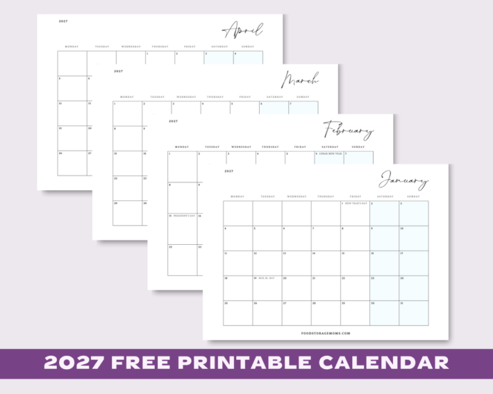 Free Printable 2027 Calendar, with the months of January, February, March and April shown